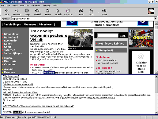 Page principale du site du NRC Handelsblad avec IBM Home page Reader